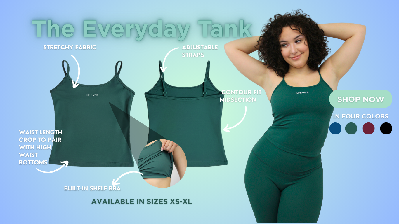 Dark green tank top and matching leggings set. Product image of tank top with feature callouts a woman modeling the matching green workout set for EMMPWR Athletics