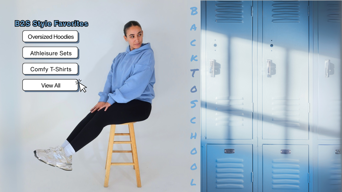Girl wearing hoodie and leggings in a school setting with lockers and back to school shopping promotion