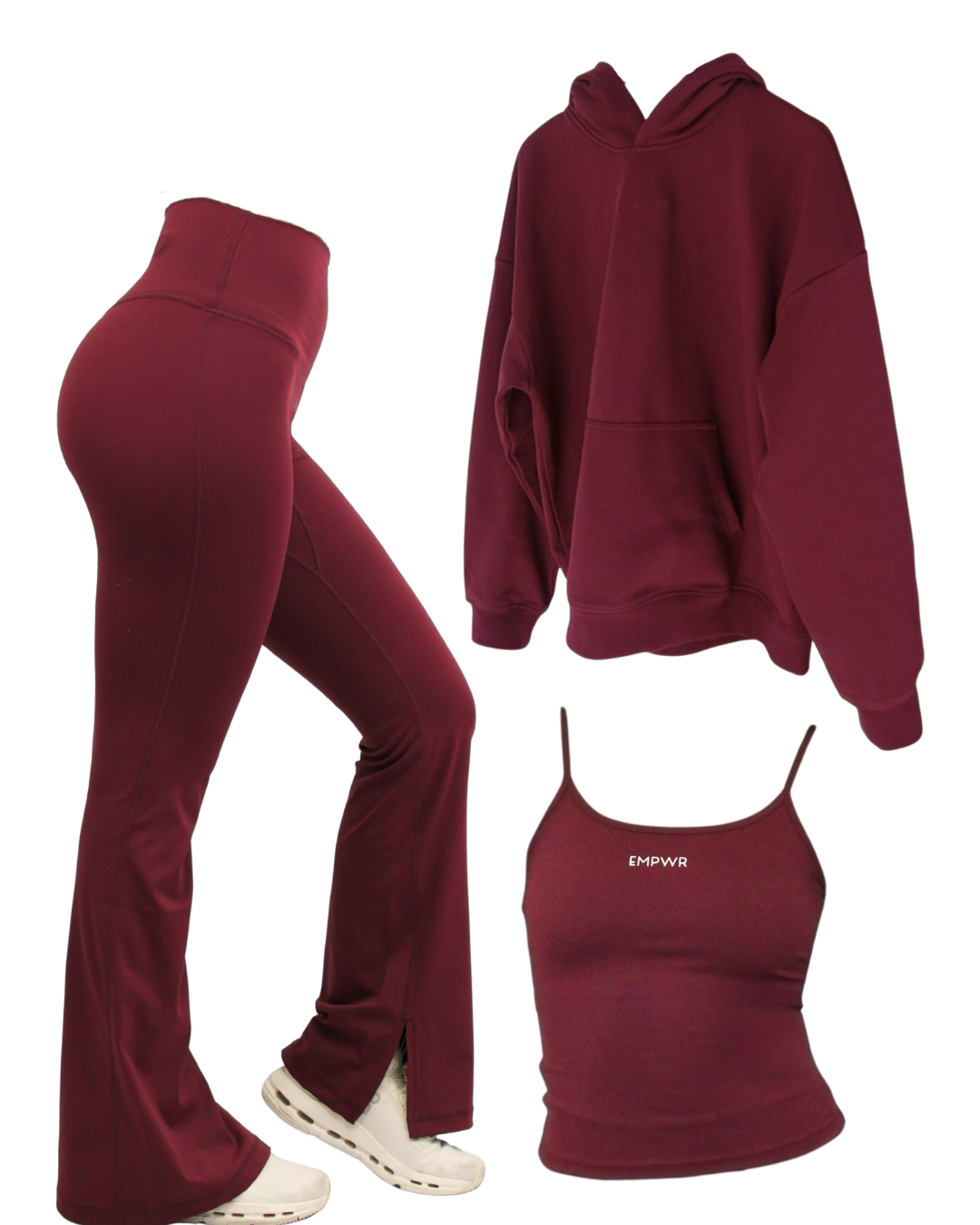 Maroon hoodie, flare leggings, and tank top set on a white background